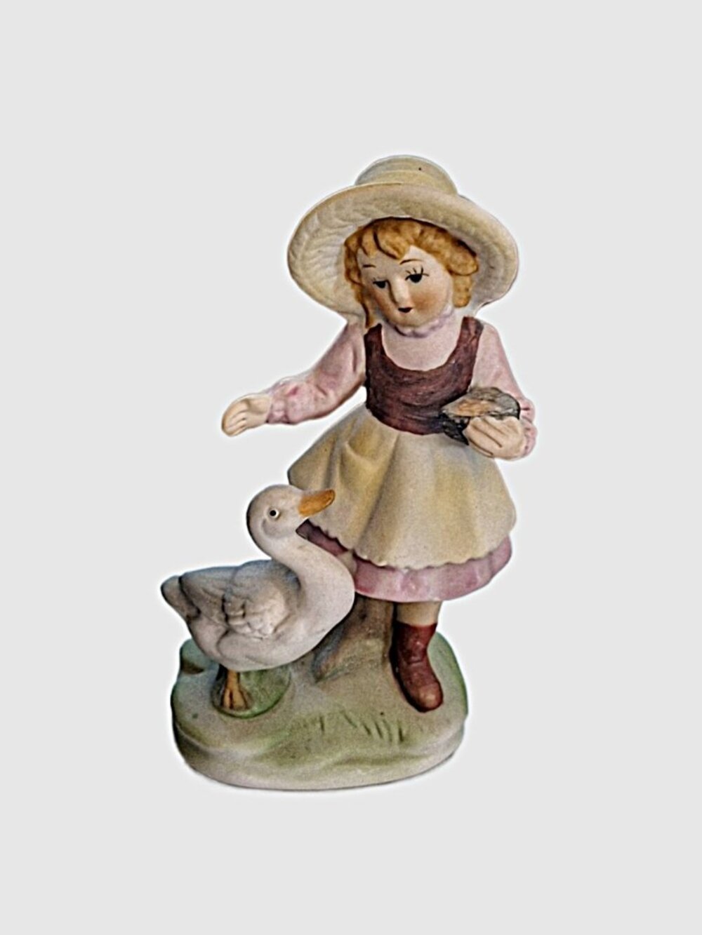 Vintage Bisque Porcelain Hummel Style Young Girl w/ Goose Figurine